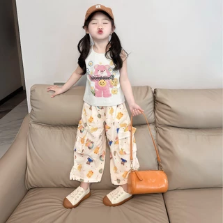 2-12 ปี ชุดเซ็ตลูกสาว เสื้อแขนกุด+กางเกงขายาว ลายการ์ตูน กางเกงลำลองสำหรับเด็กผู้หญิง แฟชั่นลำลอง