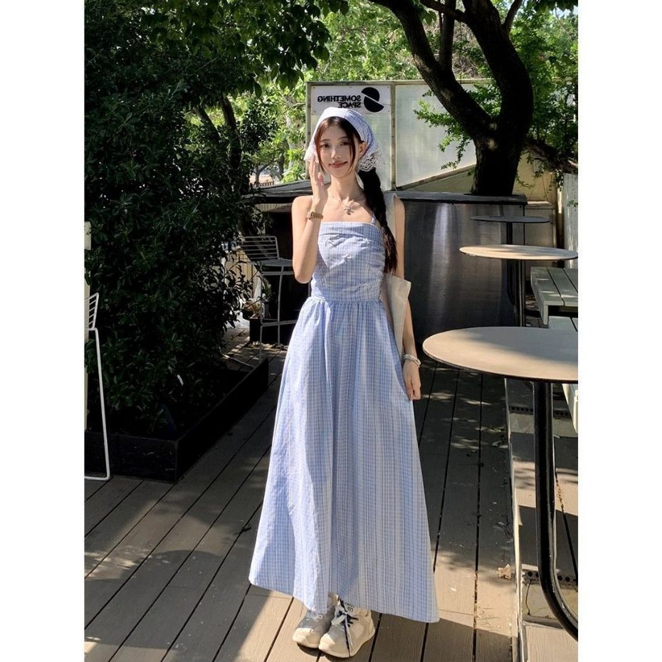 พร้อมส่ง เดรสยาว ชุดเดรสสายเดี่ยว สีฟ้า น่ารักมาก แถมผ้าโพกหัว ใส่สบาย น่ารักสุดๆ
