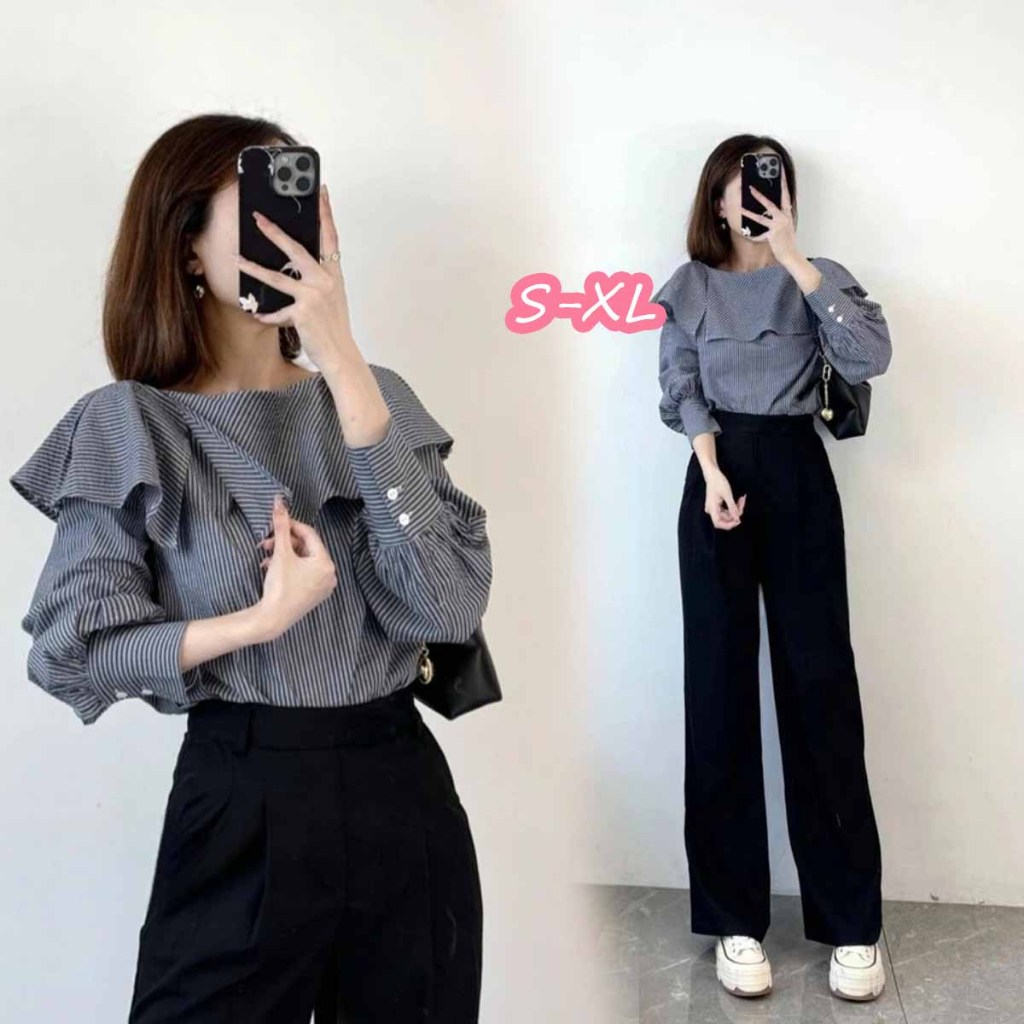 STYLE#เสื้อเชิ้ตลายทางสำหรับผู้หญิง ดีไซน์ใหม่ ขอบระบาย ท็อปสวย ทันสมัย อเนกประสงค์ เสื้อผ้าผู้หญิง รุ่น99106