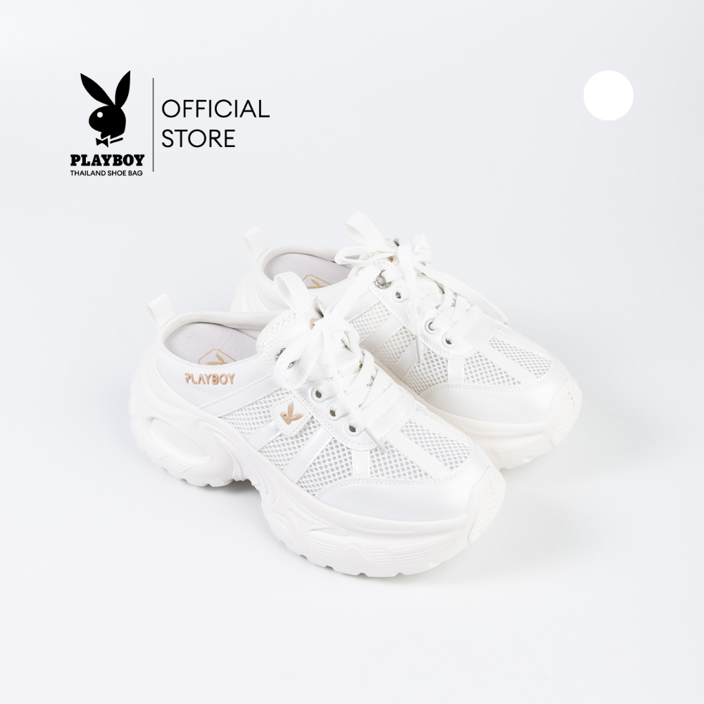 PLAYBOY รุ่น Haru Sneaker รองเท้าผ้าใบเปิดส้น รหัส ST-H253C1215-WH (บวกเพิ่ม+1ไซส์) ดีไซส์แต่งโลโก้ทองสี Frost Whiye