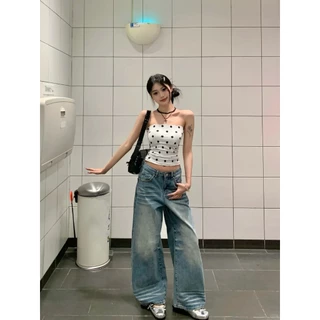 Elly พร้อมส่ง❤️️เสื้อเกาะอกผู้หญิง❤️️เสื้อครอปแขนกุด ดีไซน์เก๋ สไตล์สาวฮอตอเมริกัน ชุดไปทะเล ลายจุดPolkadot ทรงรัดรูป