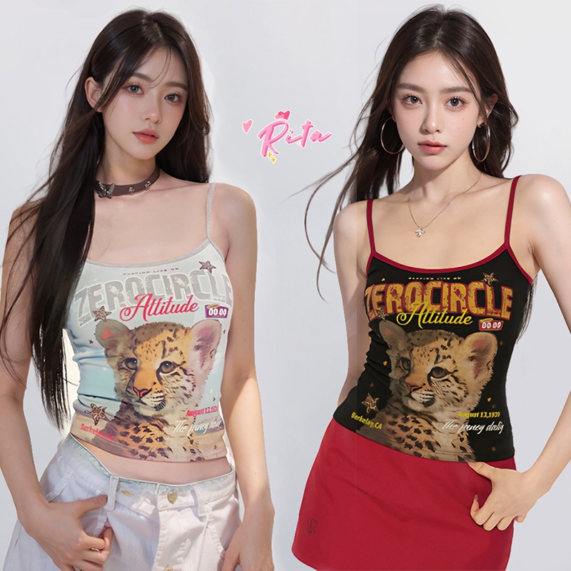 Rita พร้อมส่ง🦁เสื้อกล้าม เสื้อสายเดี่ยวผู้หญิง ลายเสือดาว เสื้อครอปทรงเข้ารูป ต่างตัวง่าย ใส่ไปคอนเสิร์ต สไตล์สาวฮอตY2K
