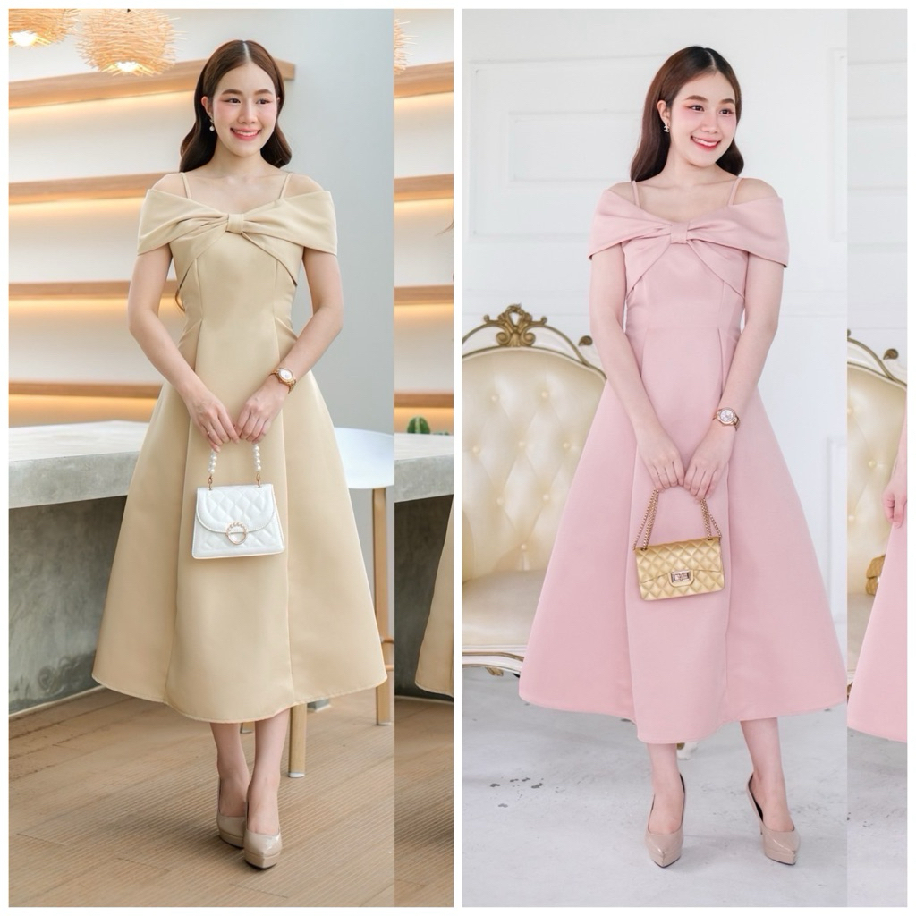 LX6107  Dress เปิดบ่า โบว์อก กระโปรงบาน เรียบหรู ชุดไปงานแต่ง ชุดออกงาน เดรสเพื่อนเจ้าสาว [LUXURY707] – โปรปัง