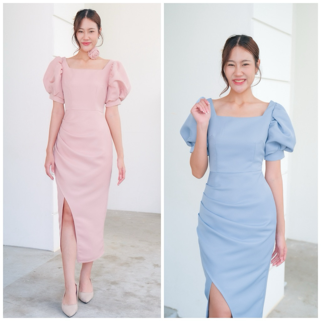 LX3112  ทรงสุภาพ คอเหลี่ยม แขนบอลลูน ชุดไปงานแต่ง ชุดออกงาน เดรสเพื่อนเจ้าสาว [LUXURY707]