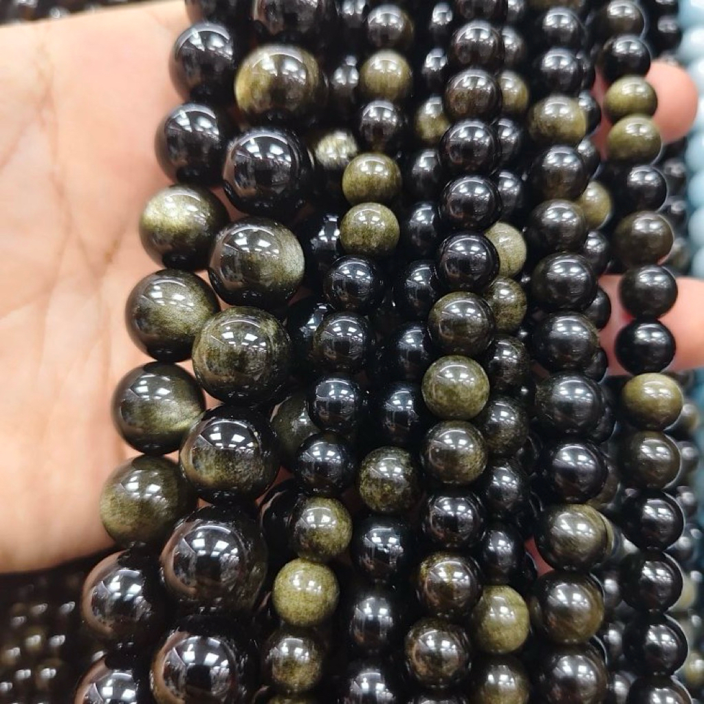 สร้อยหินออบซิเดียนทองคำธรรมชาติ เสริมความมั่งคั่ง เสริมร่างกาย ผลิตภัณฑ์กึ่งสำเร็จรูปทำเองได้