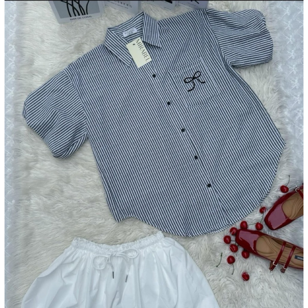 Z21.เสื้อเชิ้ตโอเวอร์ไซส์ แขนบอลลูน ปักเป๋าโบว์ผ้าใส่สบาย อก50” - รูปที่ 3