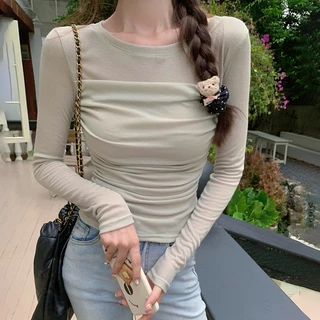 เสื้อยืดแขนยาวผ้ากอซ เสื้อตัวสั้นดีไซน์ Sense เสื้อจีบผู้หญิงทรงเข้ารูปพอดีตัว-MTY