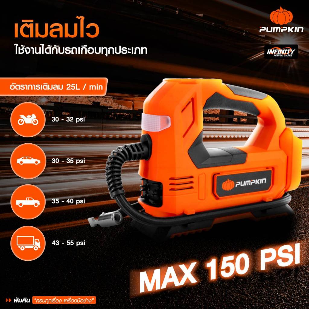 🔥รุ่นใหม่ปี2026 ส่งด่วน🔥 เครื่องสูบลมไร้สาย PUMPKIN 50372 / INF-15TF เครื่องเติมลมพกพา ที่เติมลม - รูปที่ 2