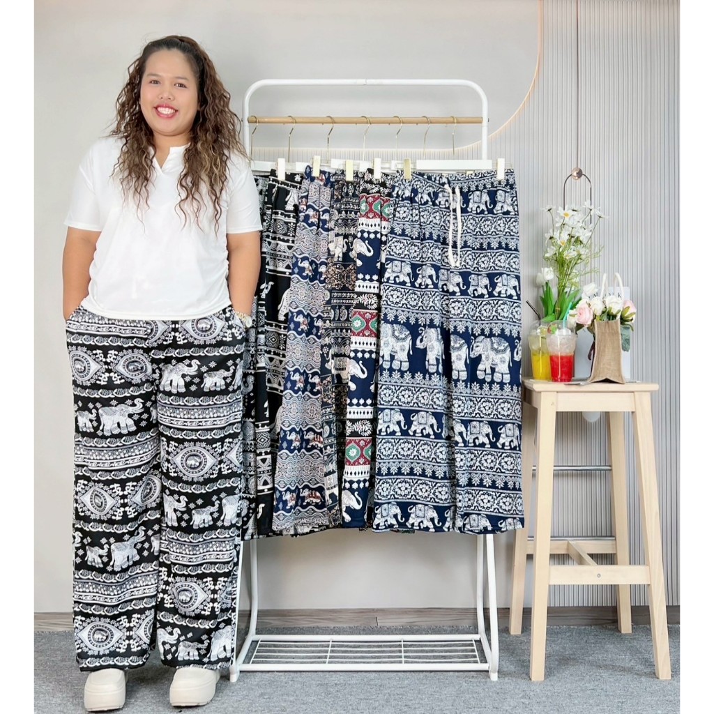 กางเกงขายาว ไซส์ใหญ่ กางเกงทรงขากระบอก พิมพ์ลายช้าง ผ้าเกาหลี สไตล์ไทยโมเดิร์น งานประเพณีไทย pb924#