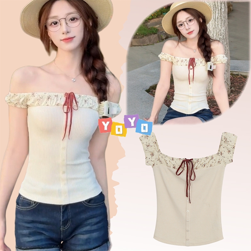 YOYO พร้อมส่ง🌈เสื้อยืดเสื้อปาดไหล่🌈แต่งแขนระบายเก๋ไก๋ ลายดอกไม้ สไตล์เกาหลี สวยๆผู้หญิง เสื้อยืดโชว์ไหล่ มีเชือกผูกได้