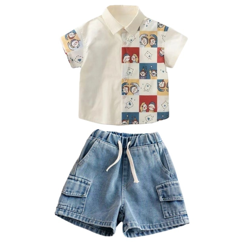 ชุดเด็กแฟชั่น เสื้อเชิ้ตเด็ก + กางเกงยีนส์ขาสั้นเด็กสไตล์เท่