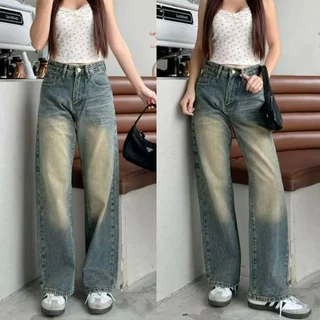 📌919JEANS📌ฟอกสนิม ทรงสวย ทรงขากระบอก สายฝอ กางเกงยีนส์ เอวสูงกระบอกตรง