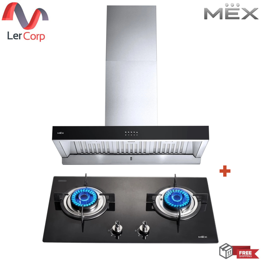 (MEX) เตาแก๊สฐานกระจกนิรภัย รุ่น V712M + เครื่องดูดควันชนิดติดผนัง รุ่น K632BFX90