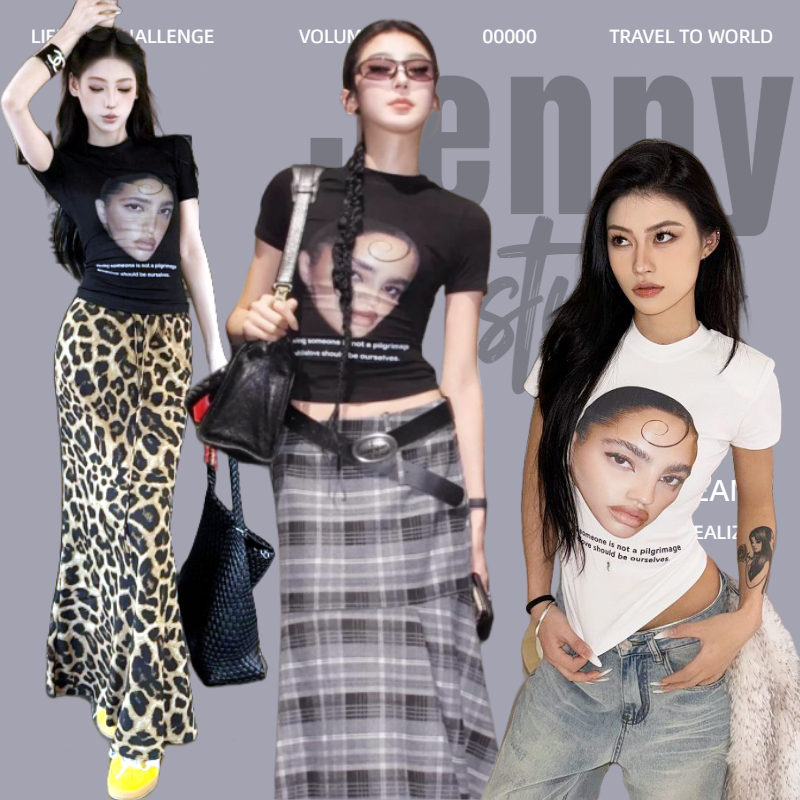 Jenny👽พร้อมส่ง👽เสื้อยืดสีดำ เสื้อครอปY2K baby tee เสื้อเบบี้ทีทรงรัดรูป ใส่แท่ๆ เสื้อยืดคอกลมแขนสั้น เอวลอย สาวอ้วนใส่ได