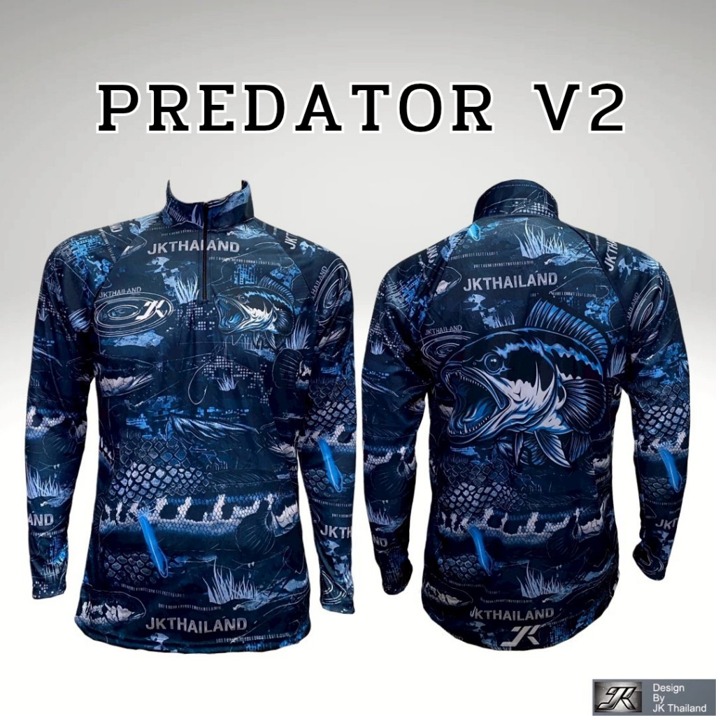 ลาย PREDATOR V2 เสื้อตกปลา คอตั้ง  ฮู้ด แขนยาว JK Thailand กันยูวี ป้องกันรังสี UV 80% แห้งเร็ว