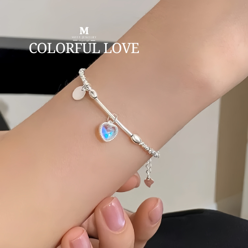 MEET💕พร้อมส่ง กำไลเงิน Colorful love กำไลเงินพร้อมจี้ สร้อยข้อมือปรับได้ กำไลข้อมือเงินแท้