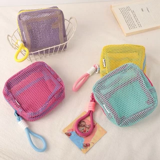 E201 กระเป๋าใส่เครื่องสําอาง แบบตาข่าย สีสดใส พร้อมหูหิ้ว ขนาดเล็ก น้ำหนักเบา พกพาสะดวก
