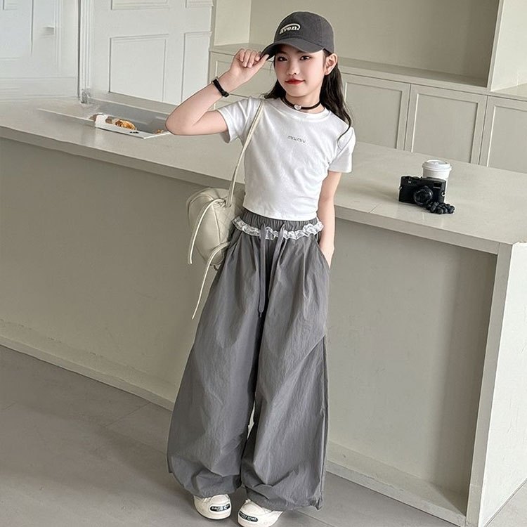 2-16 ปี แฟชั่น สไตล์เกาหลี กางเกงคาร์โก้เด็กผู้หญิง กางเกงขายาวลําลอง กางเกงขากว้าง มีเชือกผูกที่เอว