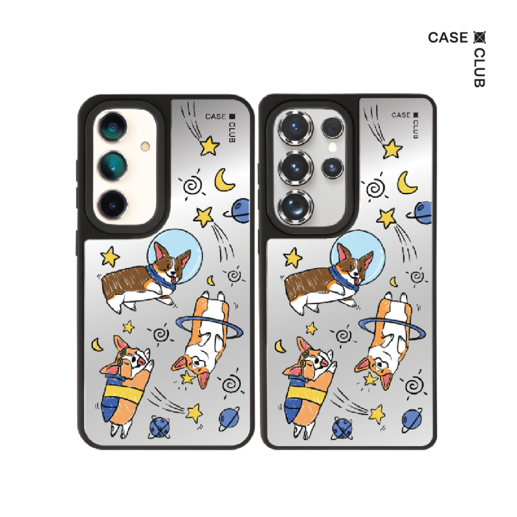 CaseClub เคส ซัมซุง เคส Samsung เคส กระจก ลาย Space Corgi สำหรับ Galaxy S25 Ultra / S25 / S24 Ultra 