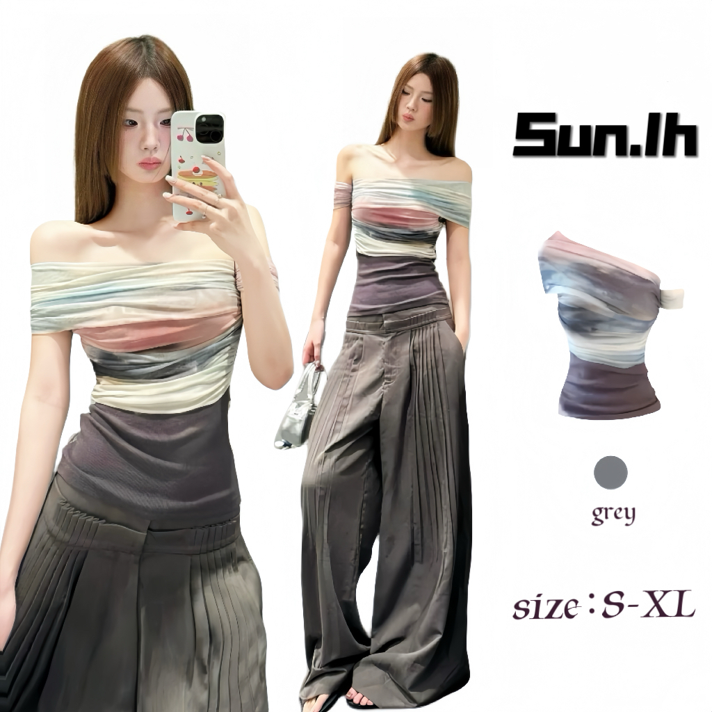 SUN🛍️พร้อมส่ง🛍️เสื้อยืดคอกลมผ้าตาข่ายต่อไหล่ข้างเดียวสไตล์อาร์ตๆ สำหรับผู้หญิง ใหม่ล่าสุดสำหรับหน้าร้อน