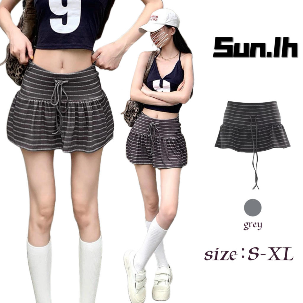 SUN🛍️พร้อมส่ง🛍️กระโปรงเชือกผูกลายทางยุโรปและอเมริกาฤดูร้อนผู้หญิงกระโปรงสาวฮอตกระโปรงเอวยางยืดกระโปรงสั้นทรงเอสีเทา