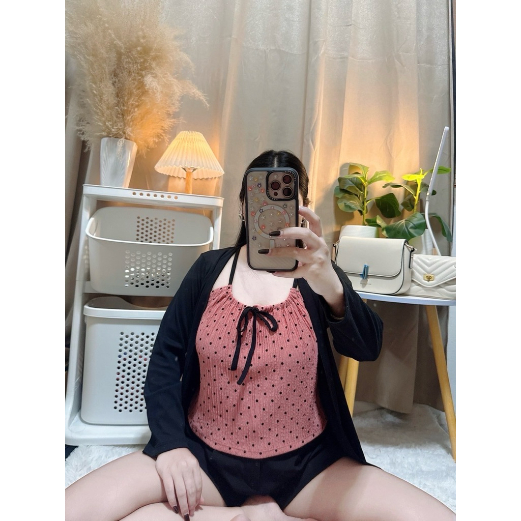 251 เสื้อสาวอวบ คล้องคอ+เสื้อคลุม ลายจุดน่ารัก :อก34-44ยืด46