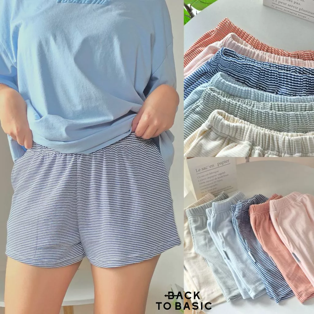 [striped pants] กางเกงขาสั้นผู้หญิง ลายริ้ว ใส่นอน ใส่อยู่บ้าน ทรงสวย น่ารักผ้านิ่ม ไม่บาง