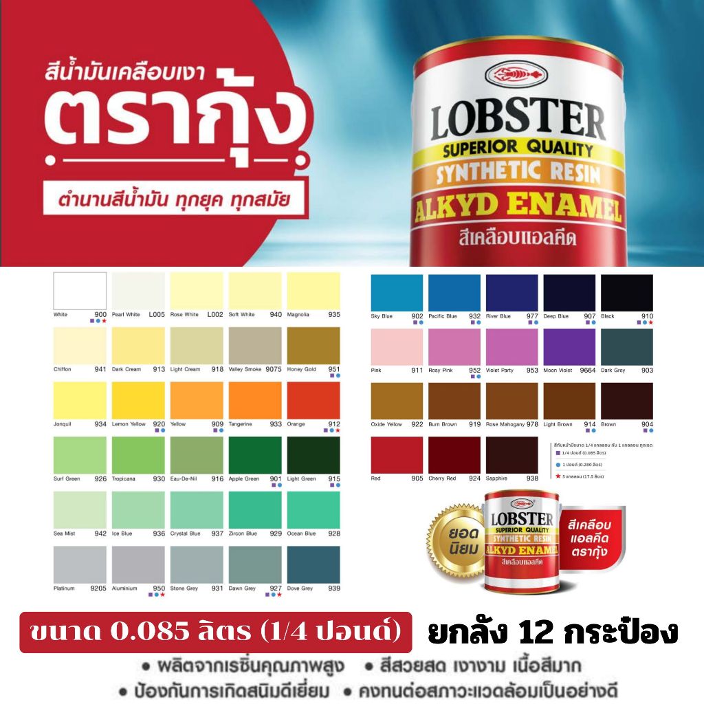 (ยกลัง12กป)LOBSTER สีน้ำมัน ขนาดจิ๋ว สีทาเหล็ก สีทาไม้ ขนาด 0.085ลิตร ทาได้ 0.3-0.5 ตรม./เที่ยว สีเคลือบแอลคีด ตรากุ้ง