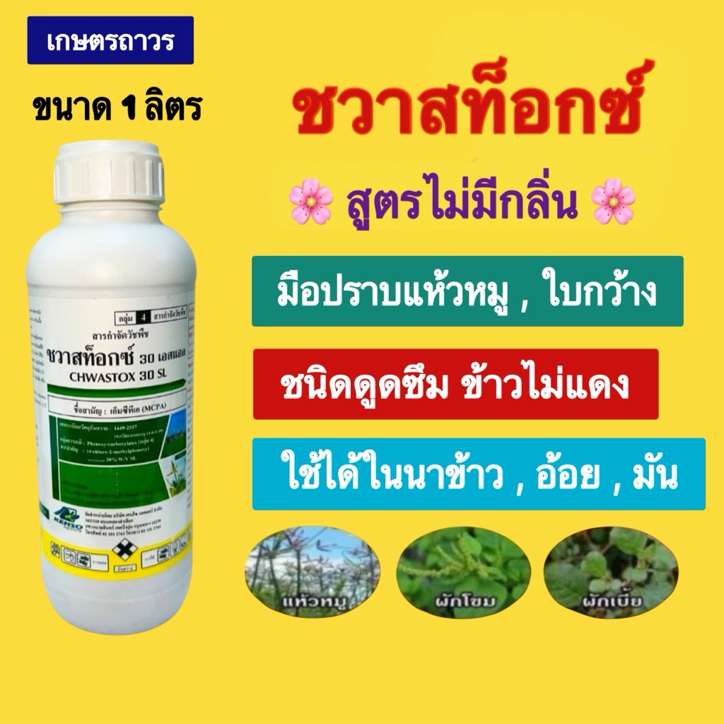 ชวาสท็อกซ์ขนาด 1 ลิตรสูตรไม่มีกลิ่น กำจัด วัชพืชประเภท กก แห้วหมู  และหนวดปลาดุก  ใช้ได้ทั้งพืชไร่ และนาข้าว
