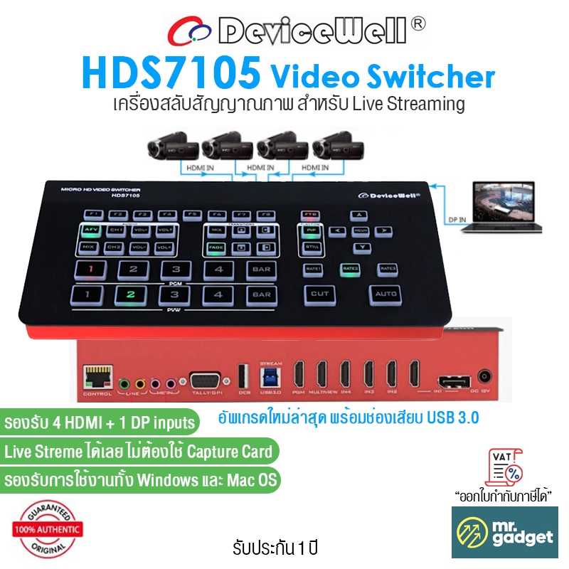 DeviceWell HDS7105 เวอร์ชั่นล่าสุด Video Switcher 5-CH Video Switcher HDMI x4 I DP x1