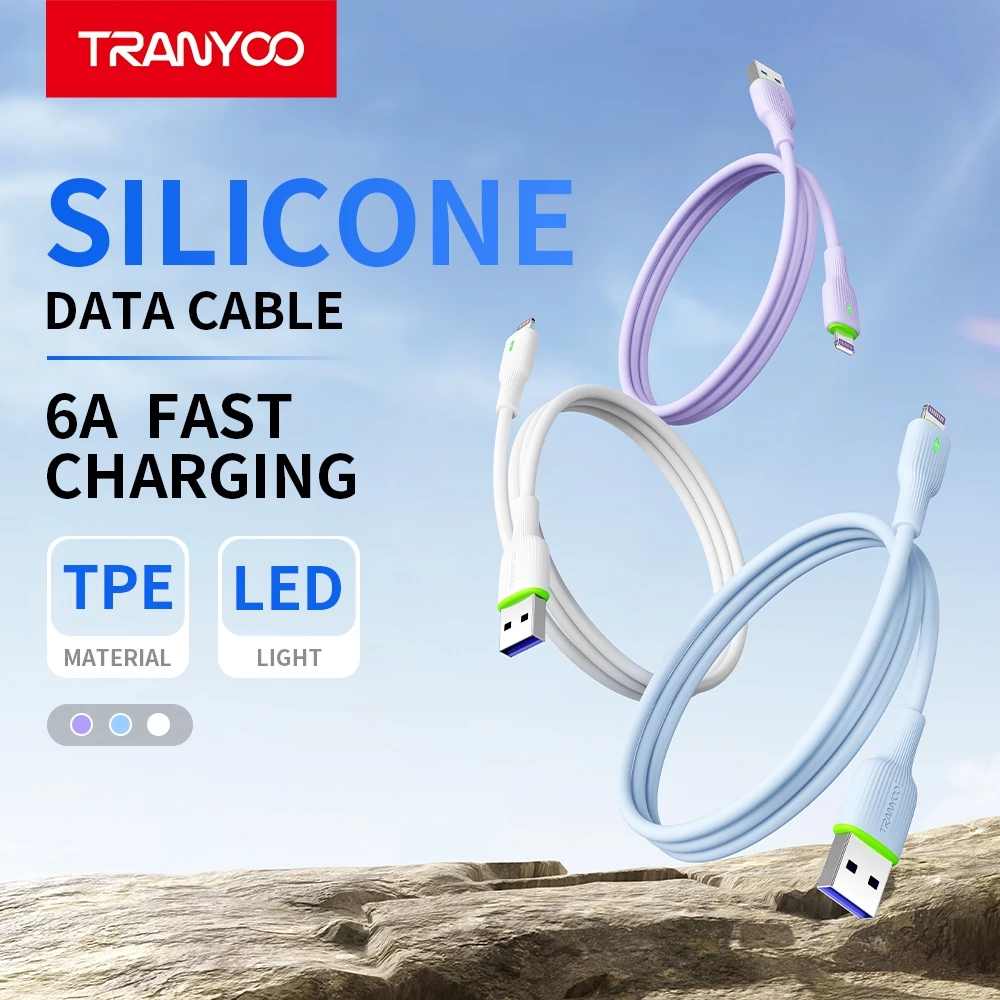TRANYOO X22 สายชาร์จโทรศัพท์มือถือ 6A 1M USB to Mi&ro/ Type-C/Ligh&ning interface LED light