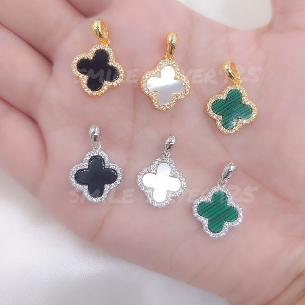 จี้เงินแท้92.5%ชุบทอง18k/ชุบทองคำขาว ลายใบโคลเวอร์CZ(onyx,Mother of pearl,Malachite) ขนาด14x2mm.