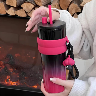 【ONDA】 แก้วกาแฟสแตนเลสสตีลพร้อมฝาปิด ไล่เฉดสีม่วงแก้วน้ำ มีหลอดดูด พับเก็บได้ ขวดสูญญากาศสามารถเก็บความร้อนและความเย็น