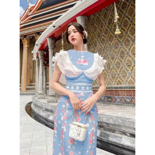 [M-4XL]เดรสผ้าไทยประยุกต์คอระบายชั้นๆ