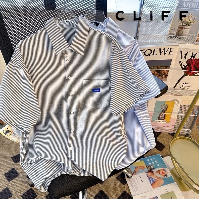 CLIFF เสื้อเชิ้ตลายทางผู้ชาย สีต่อ แบบหลวม ใส่ได้ทั้งชายและหญิง ยอดนิยม ใส่สบาย