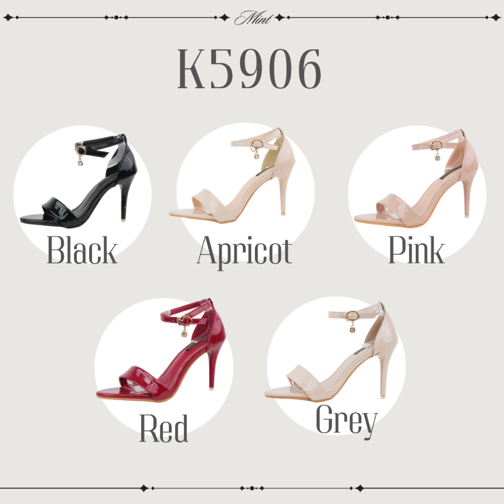 สินค้าพร้อมส่ง K5906 รองเท้าเปิดหน้ารัดข้อ ส้นแหลมสูง 3นิ้ว งานเคลือบเจลหนังแก้ว