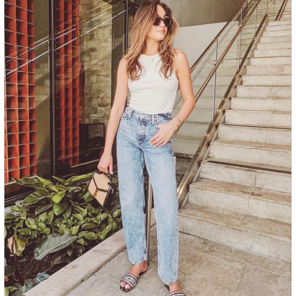 Promod straight jeans กางเกงยีนส์ ขาตรง เอวสูง ผ้าฝ้ายเดนิมแท้ 100% ไม่ยืด สี Light denim