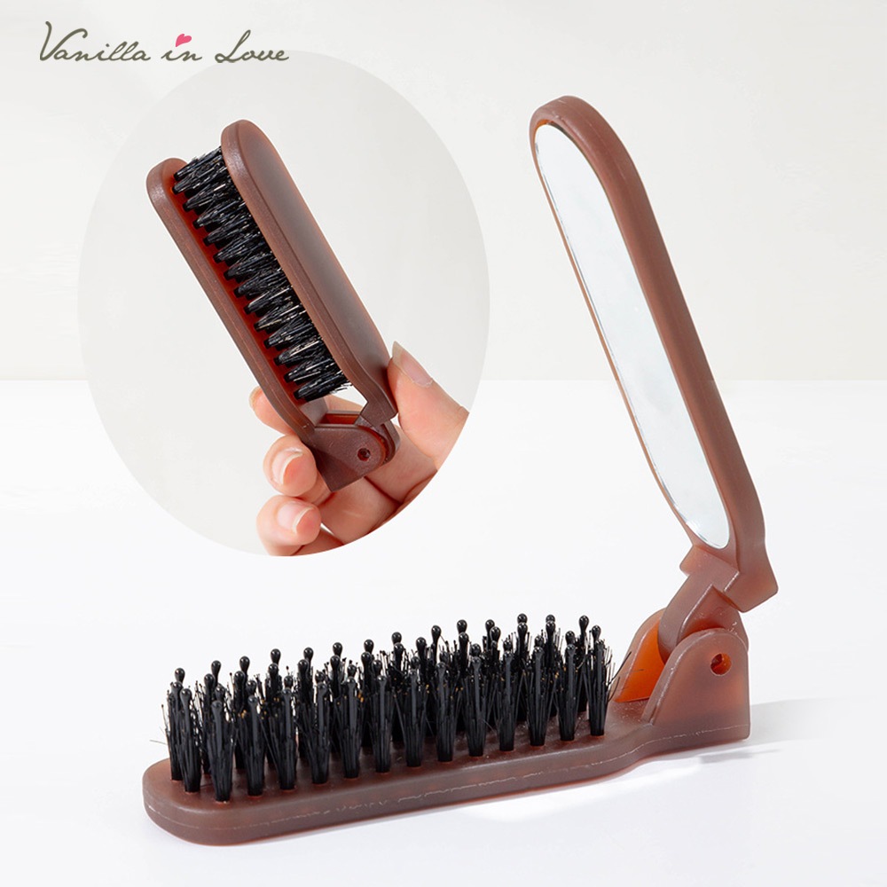 HB30 หวีขนหมูป่า ด้ามพลาสติก พร้อมกระจก พับได้ขนาดพกพา Folded Comb with mirror
