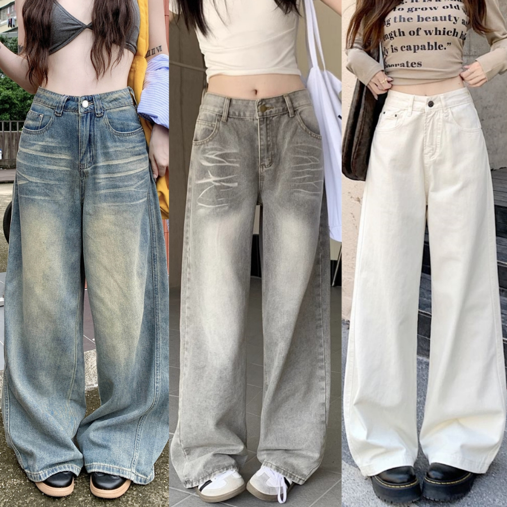 กางเกงยีนส์ผู้หญิงทรงกระบอก กางเกงเอวสูง สไตล์วินเทจ ยืดได้ดได้ ฟอกน้ำ ทรงหลวม #010132