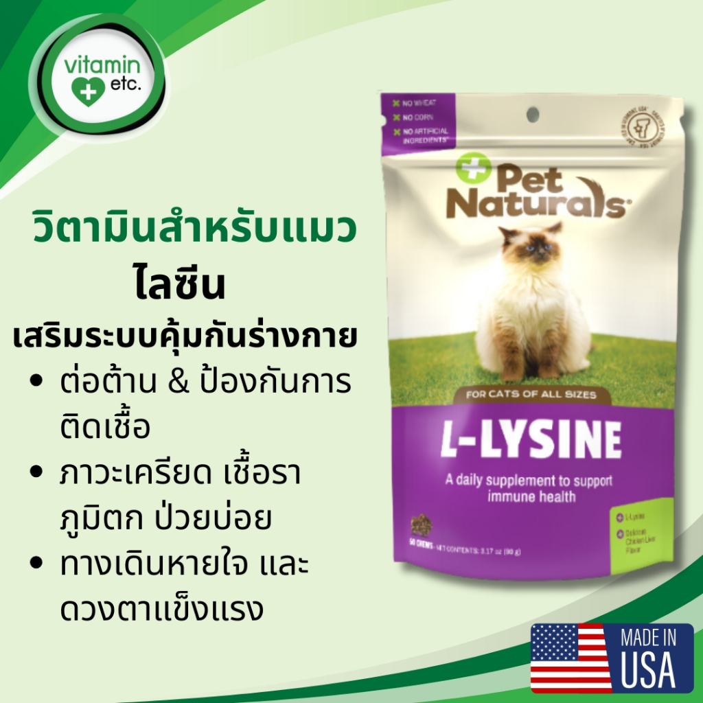 แอล-ไลซีน เสริมระบบคุ้มกัน วิตามินสำหรับแมว Pet Naturals, L-Lysine, For Cats 60 ชิ้น (90 g.)