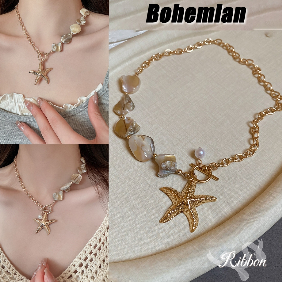 RibbonIsland สร้อยคอ สร้อยคอแฟชั่น วินเทจ มุก เรโทร สไตล์โบฮีเมียน ใส่ไปทะเล เข้ากับทุกการแต่งกาย พร้อมส่งในไทย