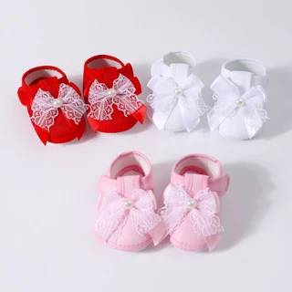 Babyonline(X282)2D2 (ส่งด่วน1วัน)รองเท้าสำหรับเด็กวัยหัดเดินแต่งโบว์สุดน่ารัก พื้นนิ่ม มีกันลื่น เบา ใส่สบาย