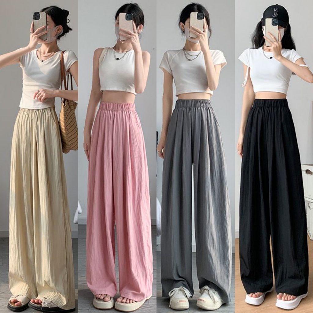 Blossom Closet🌈กางเกงผู้หญิง แห้งเร็ว กางเกงลำลอง จีบ สีพื้น เอวสูง ทรงหลวม ผ้าเย็น