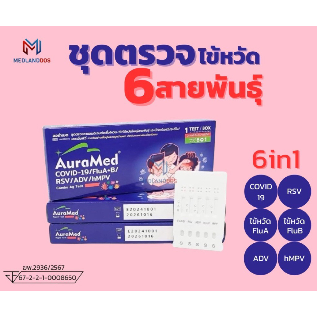 Auramed ตรวจ 6 สายพันธุ์ hMPV หวัดใหญ่ab อะดีโน RSV โควิด ออร่าเมด ชุดตรวATK