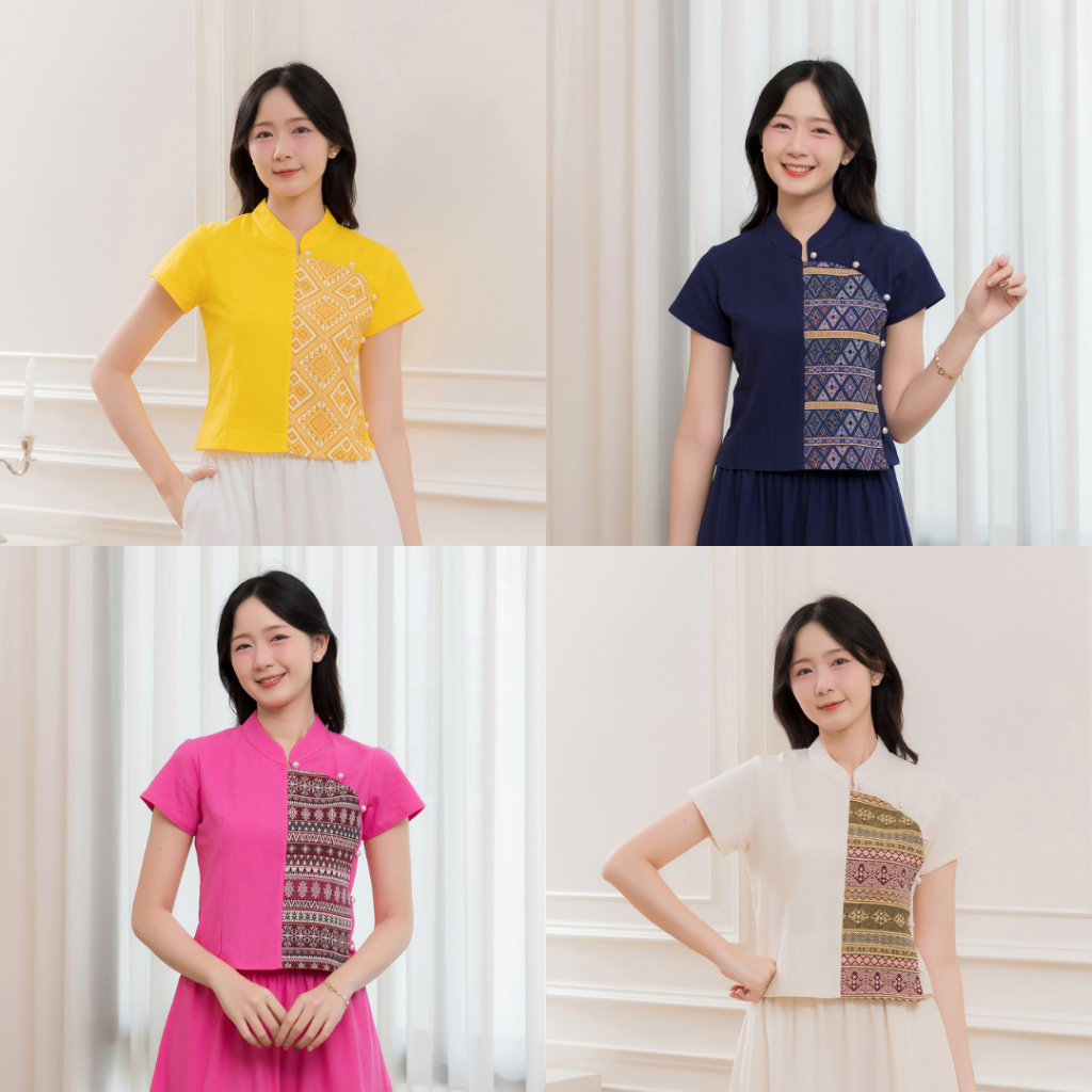 คอจีนป้ายผ้าทอแขนสั้น (( ผ้าฝ้ายเมืองเชียงใหม่ ))