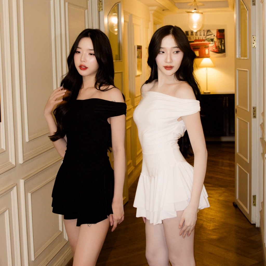 Neena Dress มี 2 ไซส์ เดรสปาดไหล่สุดน่ารักเซ็กซี่ซนๆ กระโปรงกางเกงทรงสั้นพริ้วๆ ใครมีปัญหาต้นแขนใหญ่ทรงนี้ช่วยอำพรางได้
