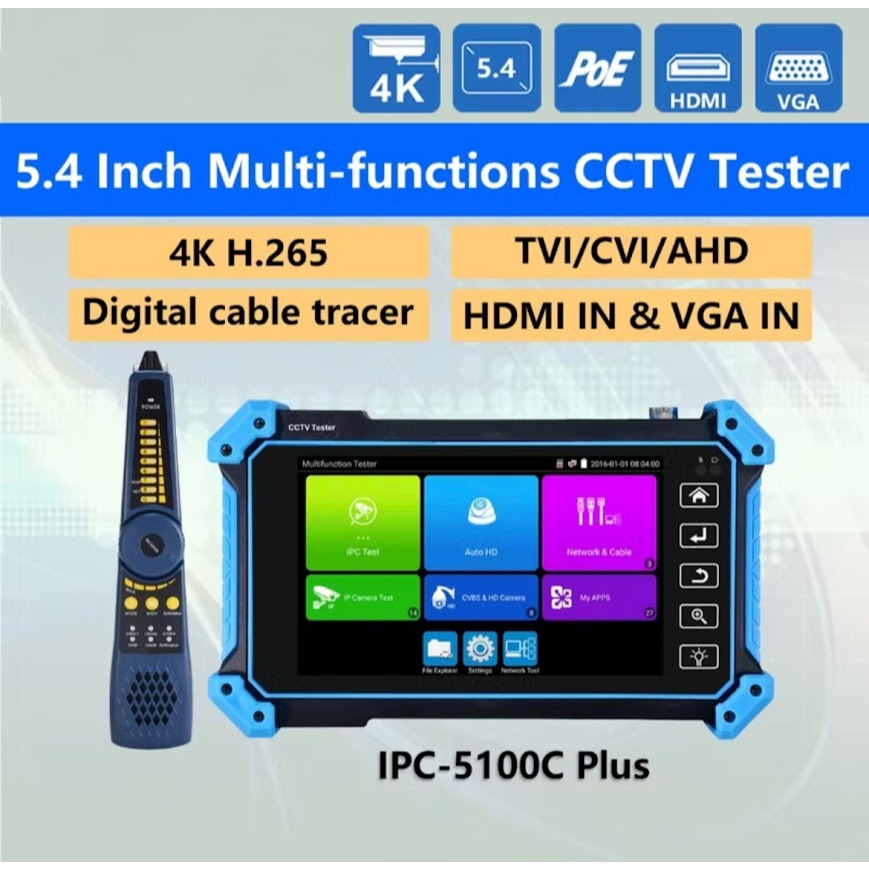 เครื่องทดสอบกล้อง4K AHD CVI TV SDI กล้อง4K IP IPC-5100C PLUS ทดสอบกล้อง PTZ VGA HDMI สายเคเบิลอินพุต