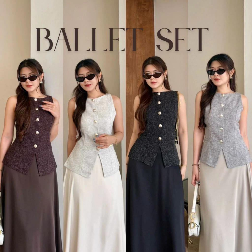 Ballet Set:ชุดเซ็ท 2 ชิ้นกระโปรงยาวผ้าทวิต ชุดกระโปรงออกงาน เรียบหรู เสื้อแขนกุดแต่งกระดุม BETTY (B020)