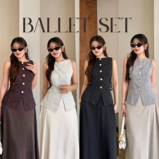 Ballet Set:ชุดเซ็ท 2 ชิ้นกระโปรงยาวผ้าทวิต ชุดกระโปรงออกงาน เรียบหรู เสื้อแขนกุดแต่งกระดุม BETTY (B020)