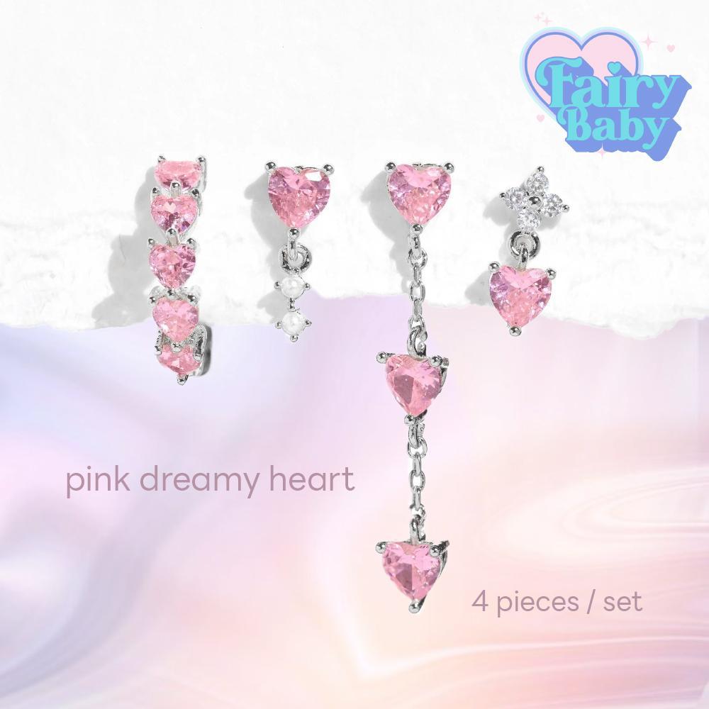 [NEW] Fairybaby เซท ต่างหู Pink Dreamy Heart (4 ชิ้น) เซทต่างหูหัวใจ ชมพู น่ารัก (E3-025)